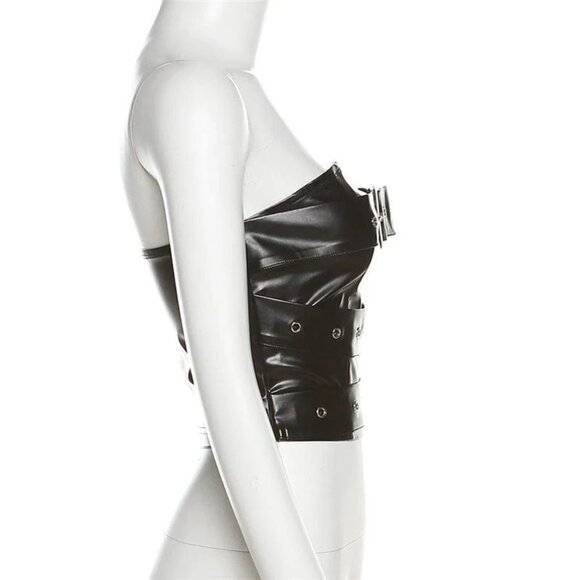 Punk Rock Buckle Up Bustier Top Sz M Stretchy Black Faux Leather Gothic Grommets - Picture 4 of 7